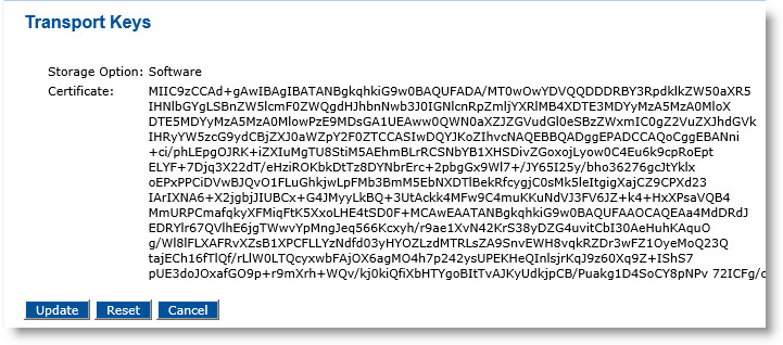 Transport Keys dialog box with a certificate displayed and an Update button, a Reset button and a Cancel button